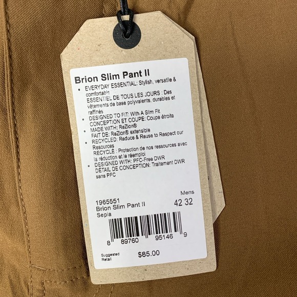New PrAna Pants Mens Size  42x32 Brion Slim Pant II Tapered Leg Slim Fit Sepia - Picture 3 of 10